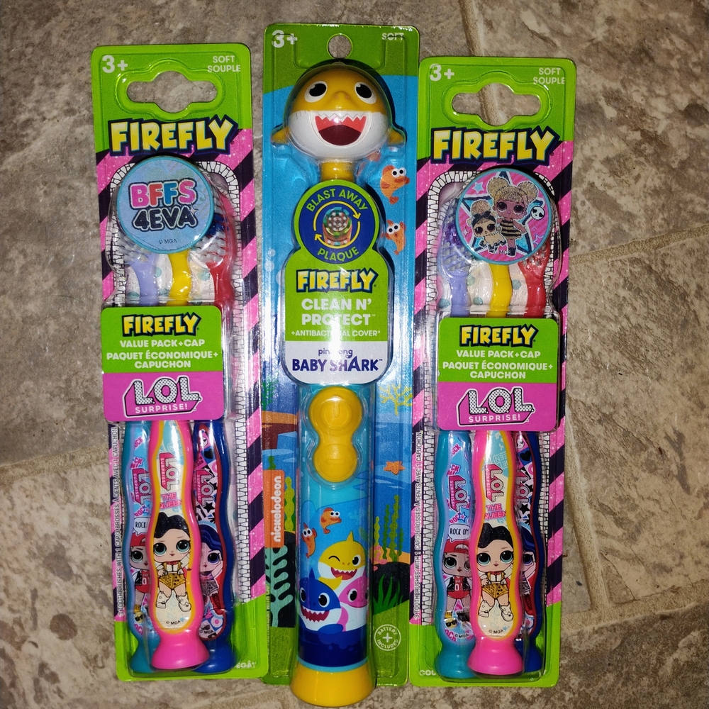 Kids Toothbrush Set with LOL Surprise and Baby Shark - Pink, Blue, Yellow